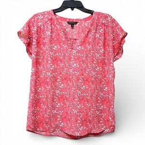 Banana Republic Cap Sleeve Floral Blouse Dark Pink/Red Collarless V-Neck Work